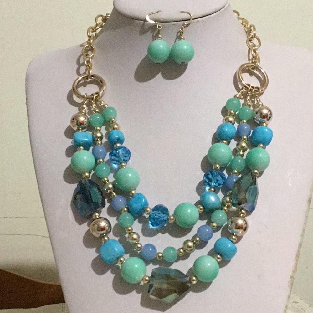 Multi blue glass bead gold necklace earring set